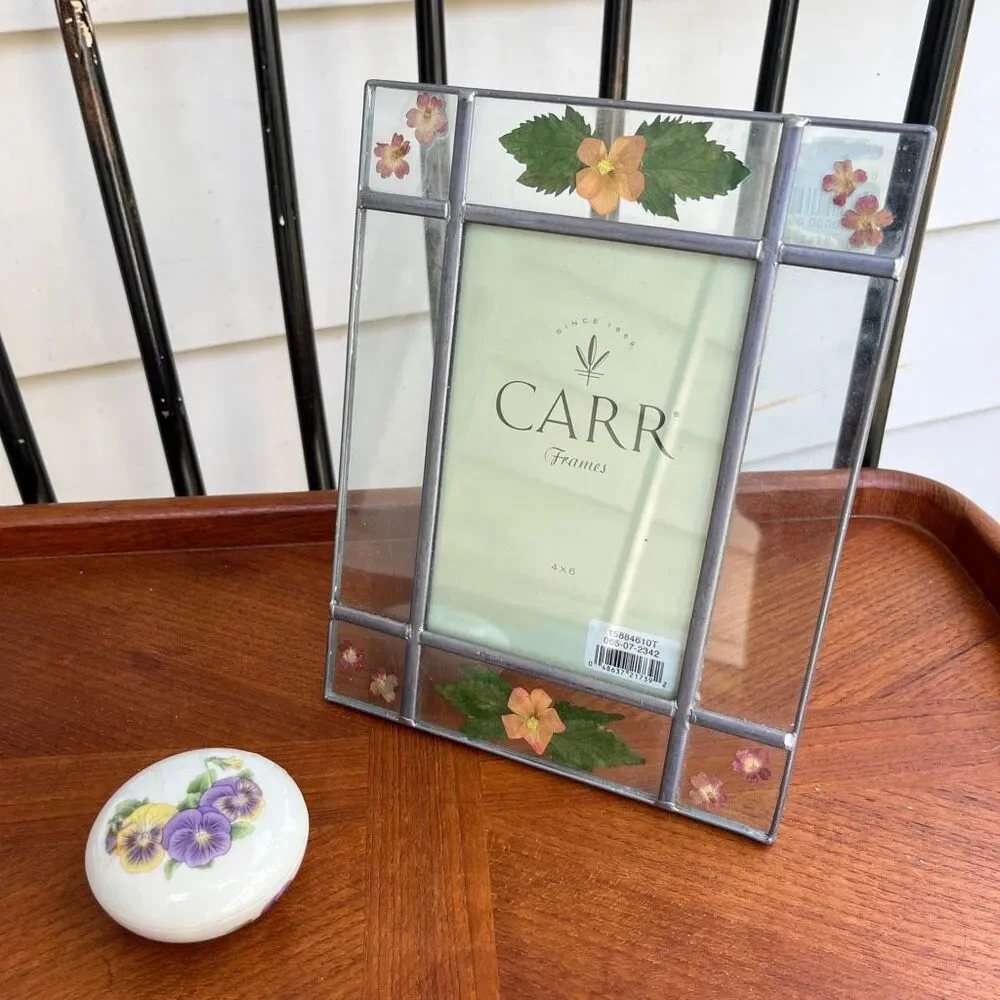 Pressed Flower Stained Glass Frame & Pansy Trinket Box Cottagecore Vanity Set